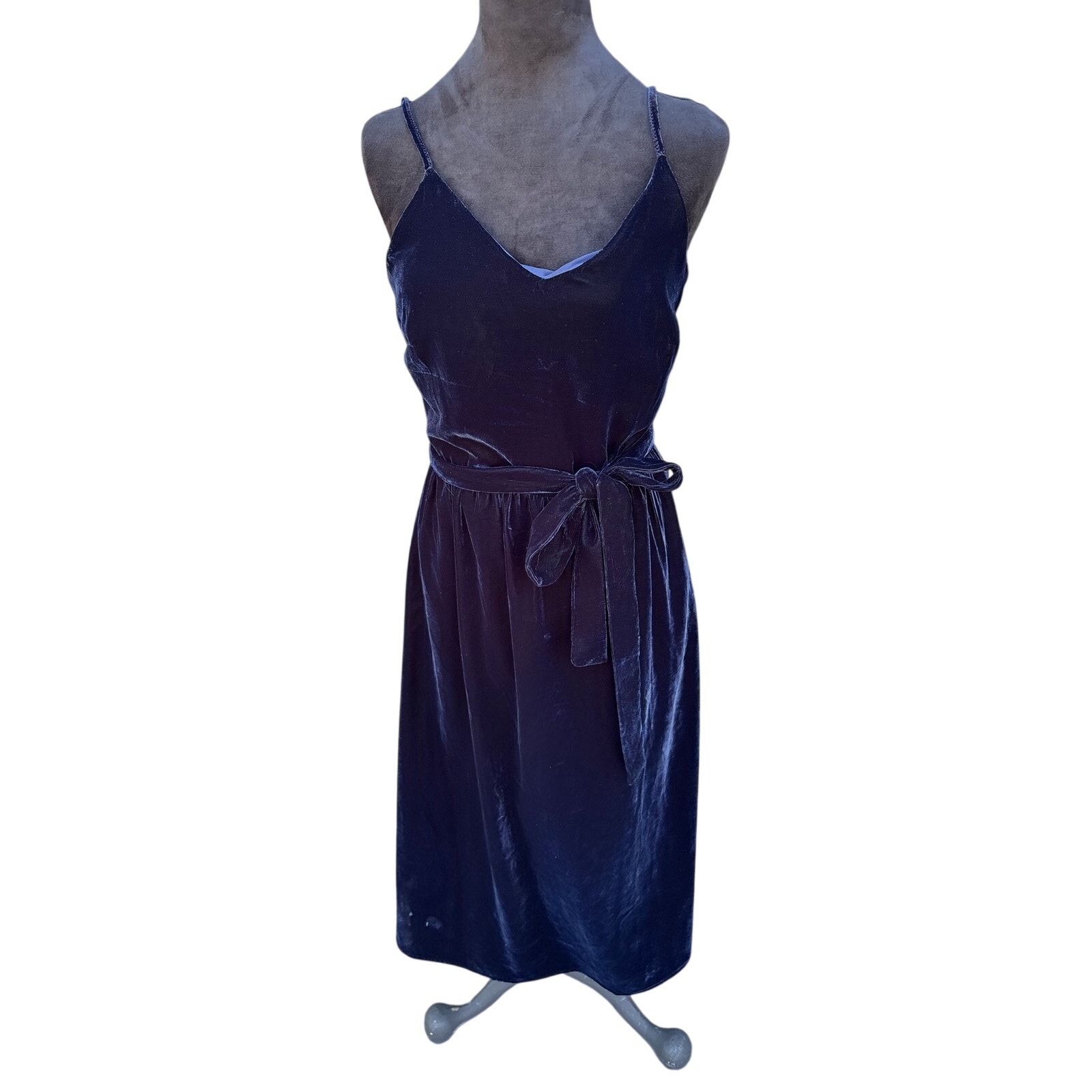 Frank And Oak Navy Blue V-Neck Tie Waist Midi Slip Dress Size Small Nwt $129